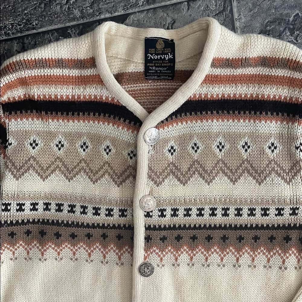 NORVYK RENOIR VIRGIN WOOL Vintage Cream/Brown Cardigan Sweater Ski Chalet Nordic